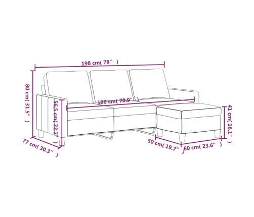 Sofá de 3 plazas con taburete cuero sintético rojo tinto 180 cm