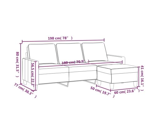 Sofá de 3 plazas con taburete de tela gris claro 180 cm