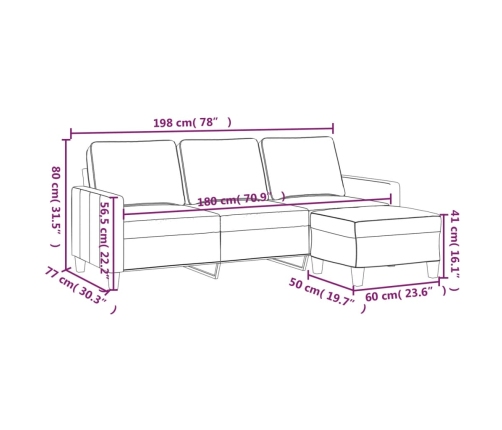 Sofá de 3 plazas con taburete de tela marrón 180 cm