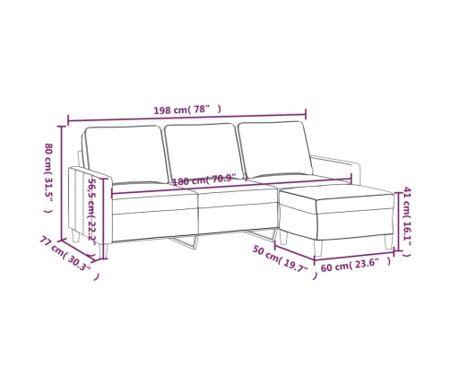 Sofá de 3 plazas con taburete de terciopelo gris claro 180 cm