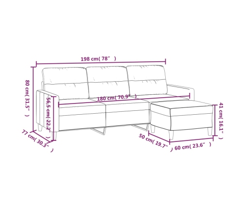 Sofá de 3 plazas con taburete de tela gris claro 180 cm