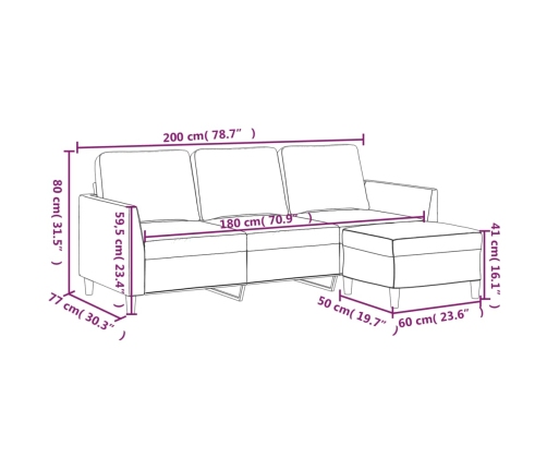 Sofá de 3 plazas con taburete cuero sintético negro 180 cm