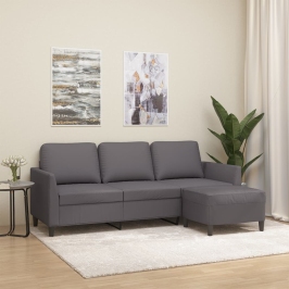 Sofá de 3 plazas con taburete cuero sintético gris 180 cm