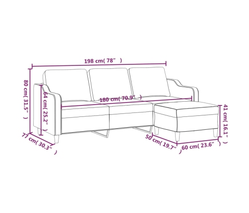 Sofá de 3 plazas con taburete de tela gris claro 180 cm