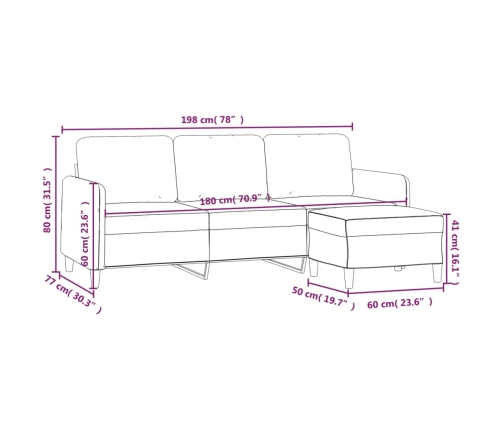 Sofá de 3 plazas con taburete de terciopelo gris claro 180 cm