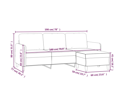 vidaXL Sofá de 3 plazas con taburete de terciopelo rojo tinto 180 cm