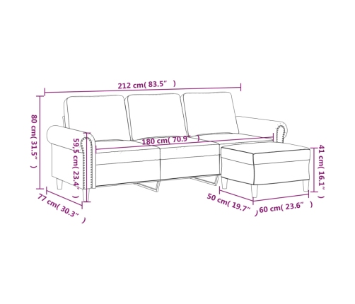 Sofá de 3 plazas con taburete de terciopelo gris claro 180 cm