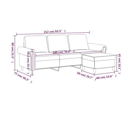 vidaXL Sofá de 3 plazas con taburete de terciopelo azul 180 cm