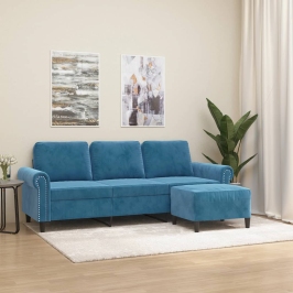 Sofá de 3 plazas con taburete de terciopelo azul 180 cm