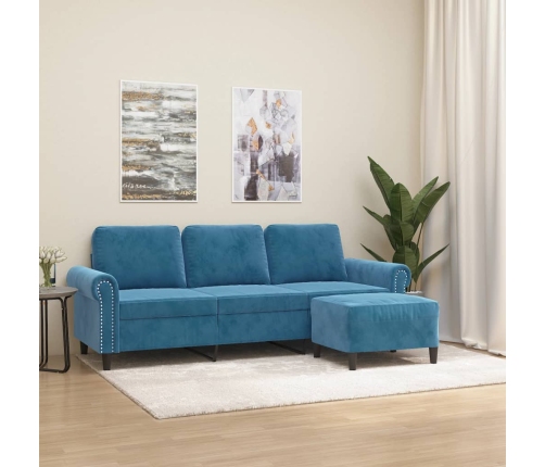 vidaXL Sofá de 3 plazas con taburete de terciopelo azul 180 cm