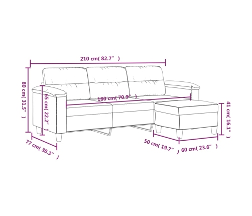 Sofá de 3 plazas y taburete tela microfibra negro 180 cm