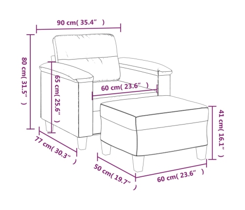 Sillón con taburete cuero sintético gris 60 cm