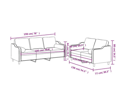 vidaXL Juego de sofás con cojines 2 piezas tela rojo tinto