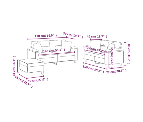 vidaXL Juego de sofás con cojines 3 piezas tela microfibra gris taupe