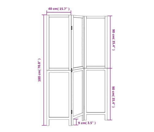Biombo separador de 3 paneles madera paulownia marrón oscuro