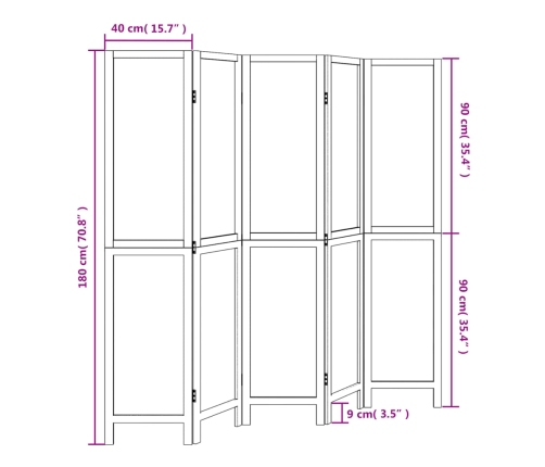 Biombo separador de 5 paneles madera paulownia marrón oscuro