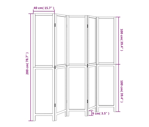 Biombo separador de 5 paneles madera paulownia marrón oscuro