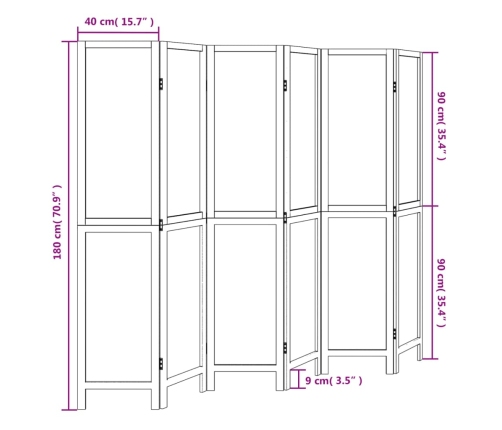 Biombo separador de 6 paneles madera paulownia marrón oscuro