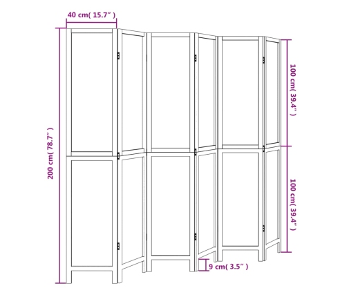 Biombo separador de 6 paneles madera paulownia marrón oscuro
