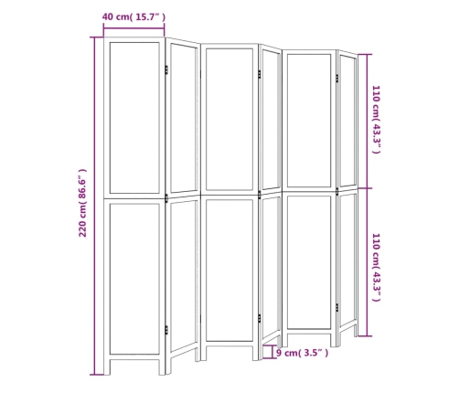 Biombo separador de 6 paneles madera paulownia marrón oscuro