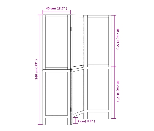 Biombo separador de 3 paneles madera maciza Paulownia blanco