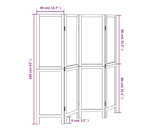 Biombo separador de 4 paneles madera maciza Paulownia blanco