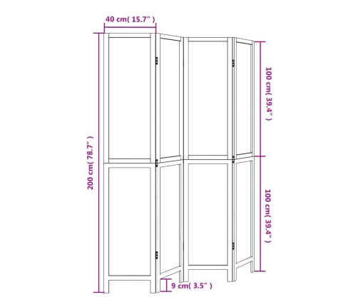 Biombo separador de 4 paneles madera maciza Paulownia blanco