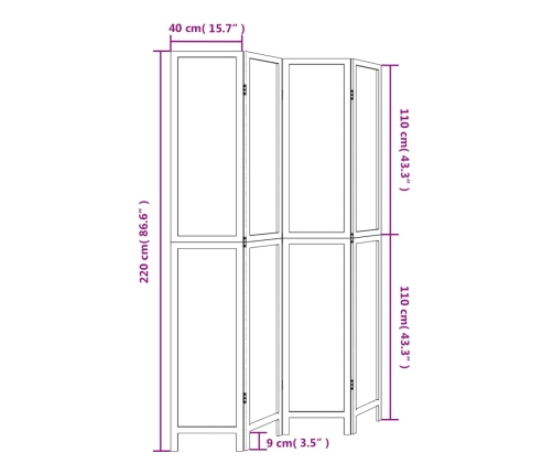 Biombo separador de 4 paneles madera maciza Paulownia blanco