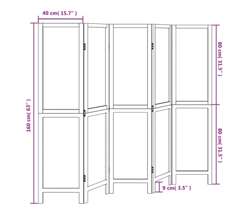 Biombo separador de 5 paneles madera maciza Paulownia blanco