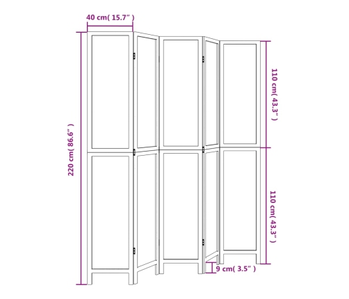 Biombo separador de 5 paneles madera maciza Paulownia blanco