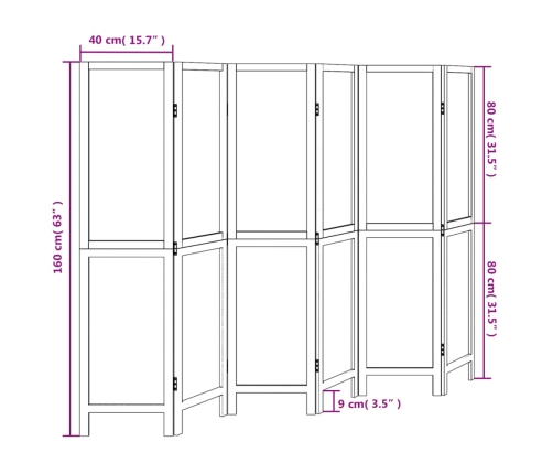 Biombo separador de 6 paneles madera maciza Paulownia blanco