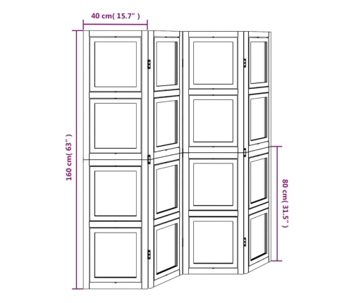 Biombo separador de 4 paneles madera maciza Paulownia blanco