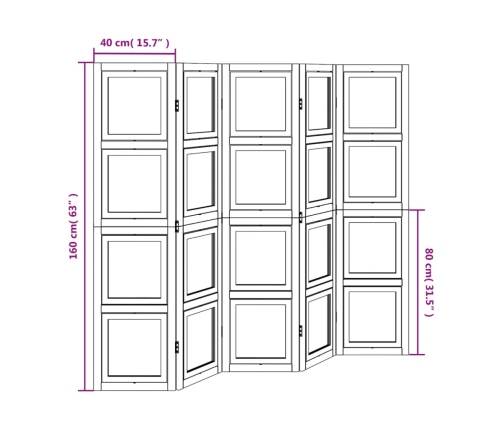 Biombo separador de 5 paneles madera maciza Paulownia blanco