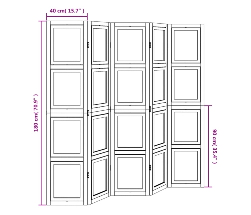 Biombo separador de 5 paneles madera maciza Paulownia blanco