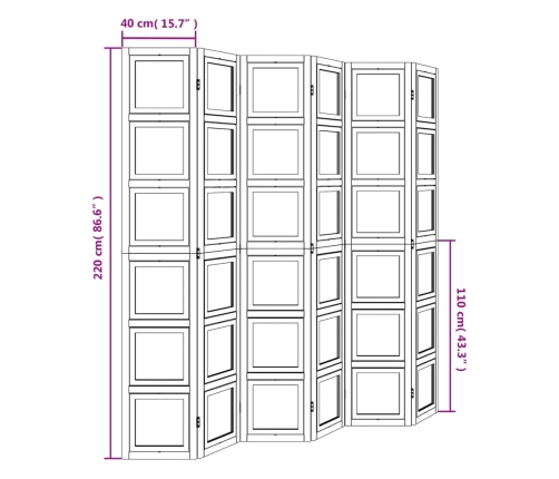 Biombo separador de 6 paneles madera maciza Paulownia blanco