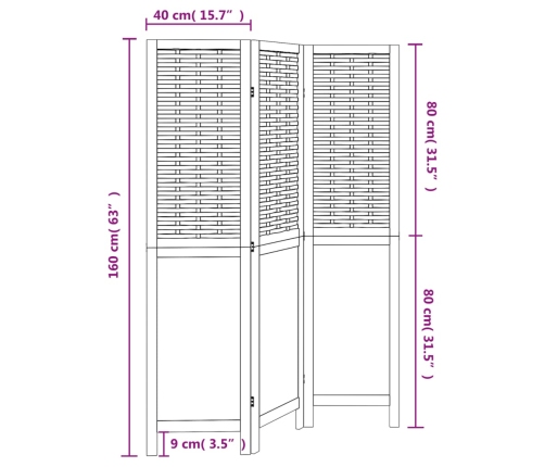 Biombo separador de 3 paneles madera paulownia marrón oscuro