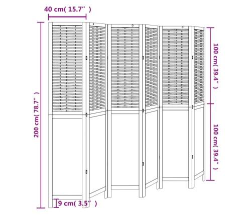 Biombo separador de 6 paneles madera paulownia marrón oscuro