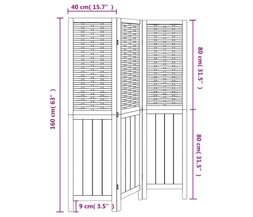 Biombo separador de 3 paneles madera maciza Paulownia blanco