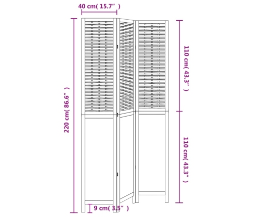 Biombo separador de 3 paneles madera maciza Paulownia blanco