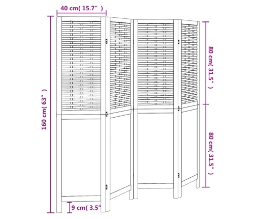 Biombo separador de 4 paneles madera maciza Paulownia blanco