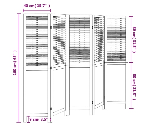 Biombo separador de 5 paneles madera maciza Paulownia blanco