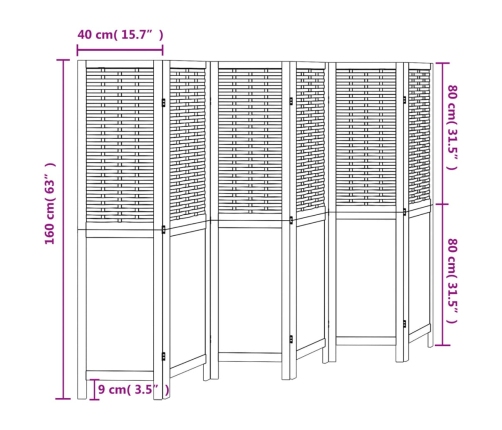 Biombo separador de 6 paneles madera maciza Paulownia blanco