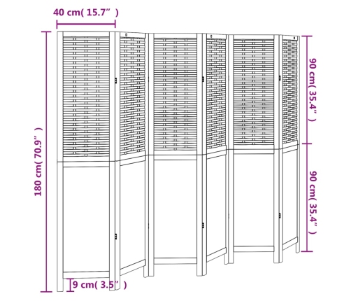 Biombo separador de 6 paneles madera maciza Paulownia blanco