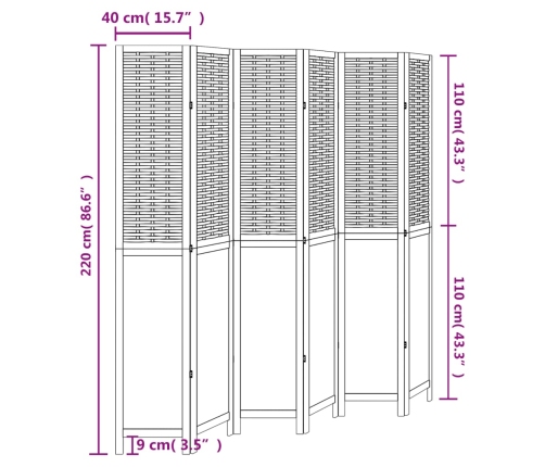 Biombo separador de 6 paneles madera maciza Paulownia blanco
