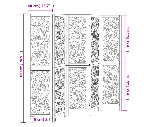 Biombo separador de 5 paneles madera maciza Paulownia blanco