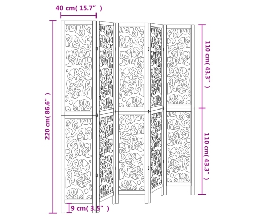 Biombo separador de 5 paneles madera maciza Paulownia blanco