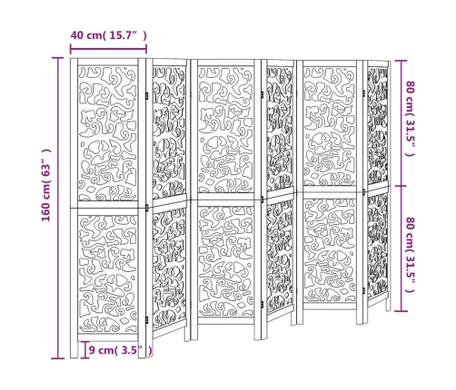 Biombo separador de 6 paneles madera maciza Paulownia blanco