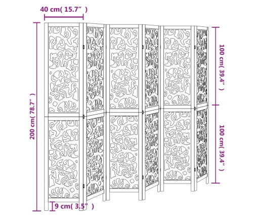 Biombo separador de 6 paneles madera maciza Paulownia blanco