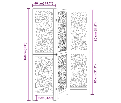 Biombo separador de 3 paneles madera maciza Paulownia negro