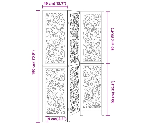 Biombo separador de 3 paneles madera maciza Paulownia negro